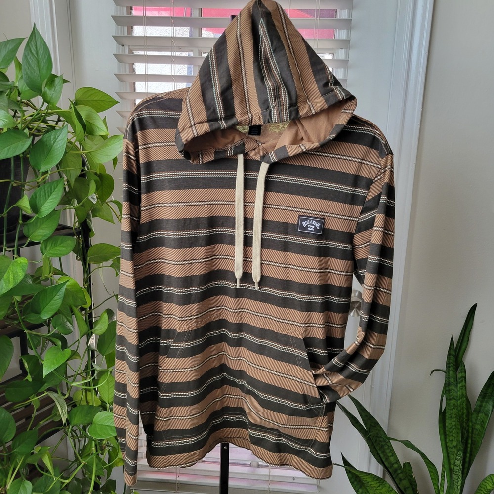 Billabong Mens Striped Hooded Pullover Shirt Brown Tan Small Long Sleeve Surf